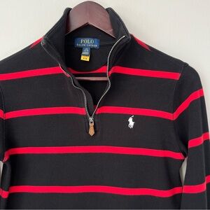 Polo Ralph Lauren Boys L Black Red Striped 1/4-Zip Pullover Sweater Collegiate